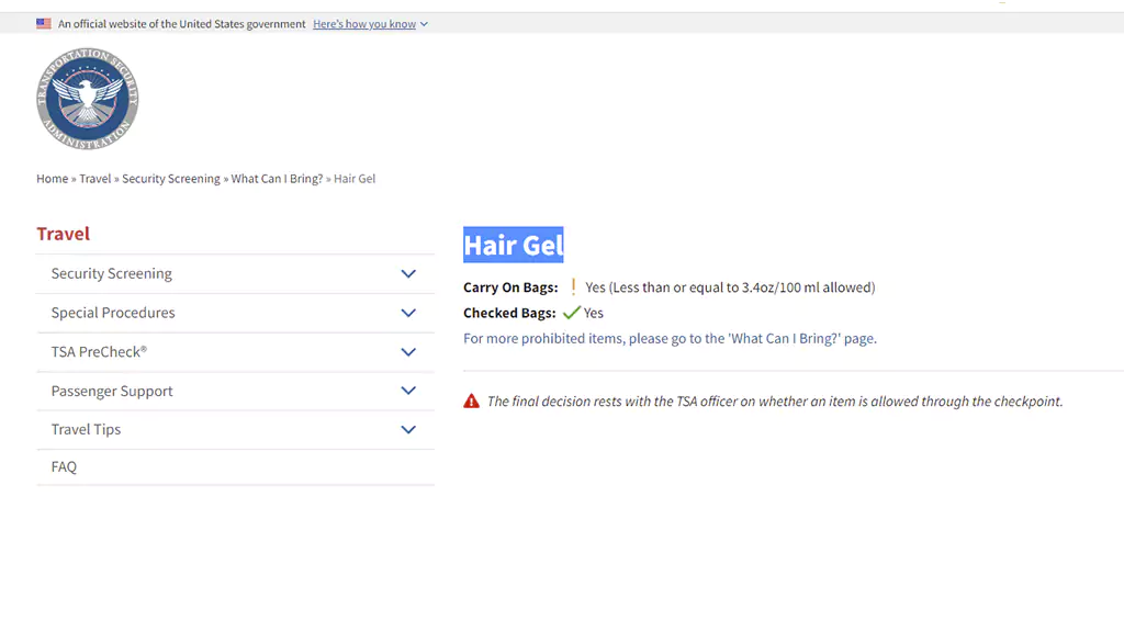 TSA Hair Gel Regulations